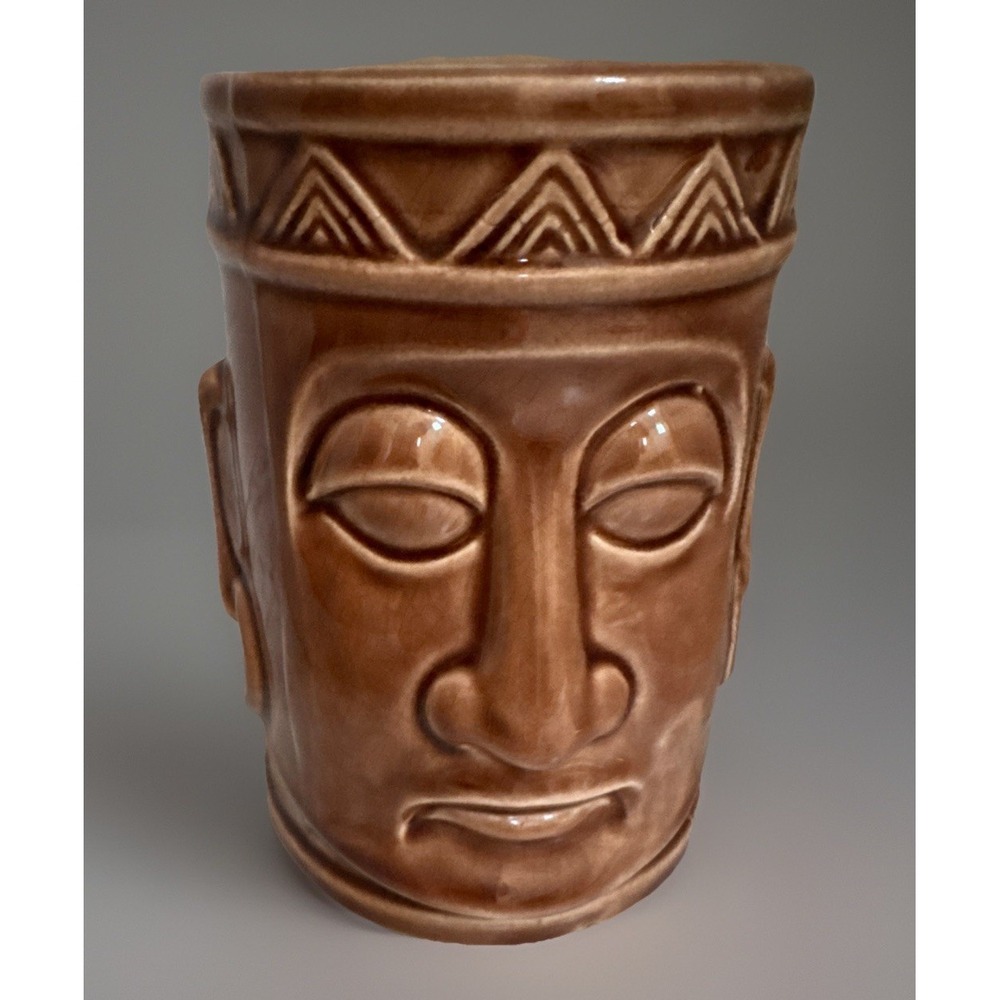 Vintage Brown Ceramic Tiki Mug - Totem Face Design, Made in Japan, Crackle Glaze
